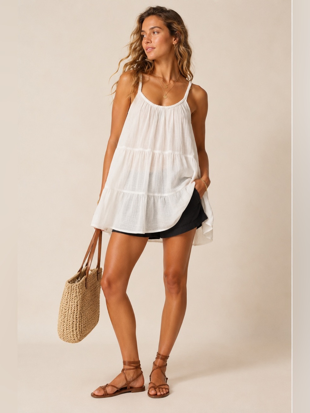 Shade & Shore White 100% cotton Gauze Tiered Beach Cover Up Tunic Dress
